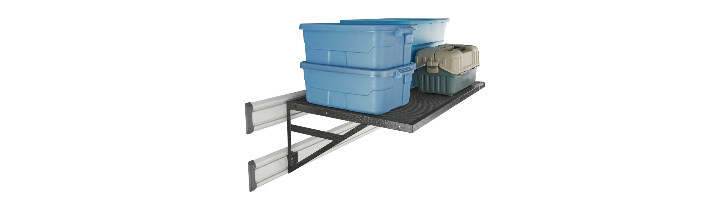 A Gladiator Overhead Max Gearloft Storage Shelf with blue bins and a toolbox.