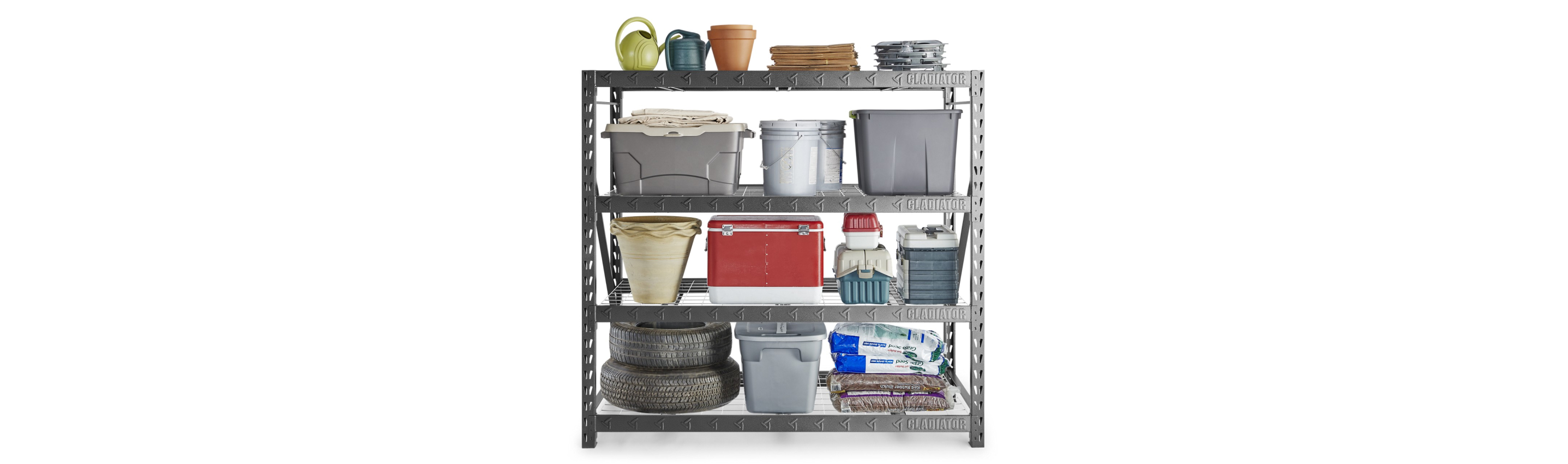 A Gladiator Shelving Unit with watering cans, yard waste bags, bins, tires and bags of soil