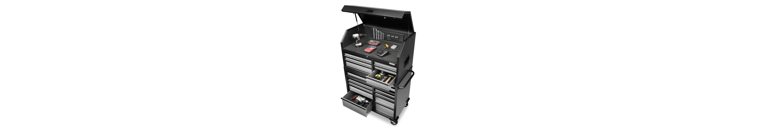 A 41 inch 15-drawer Gladiator Mobile Tool Chest Combo. The lid is open and two drawers are pulled out. Inside are items like a drill, wrenches, a tape measure, mallet and more.